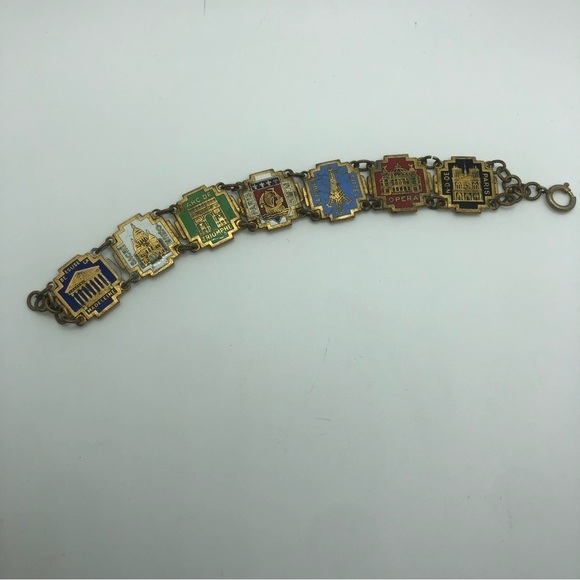 Vtg France Brass Enamel Panel Souvenir Tourist Bracelet 7.3” / .7” Width - Picture 2 of 5
